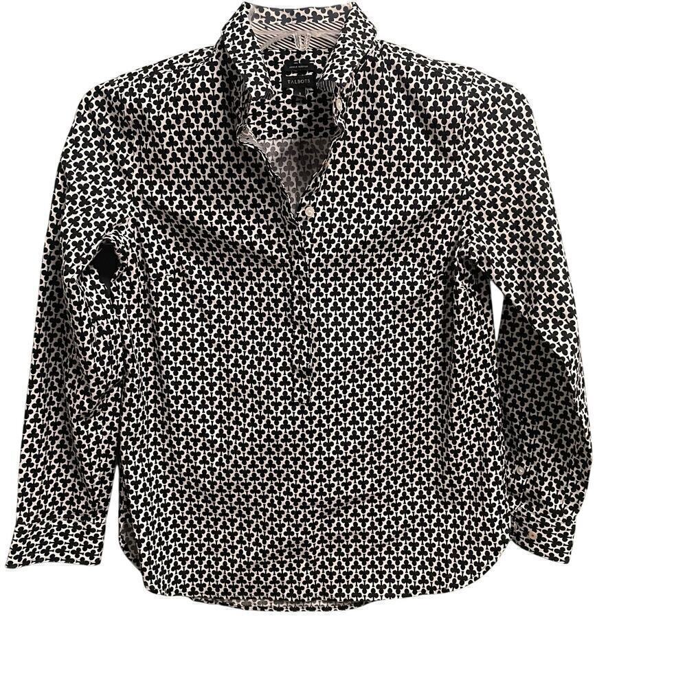Talbots Size 2 Wrinkle Free Button Down Blouse Top Clover Clubs Trefoil Print